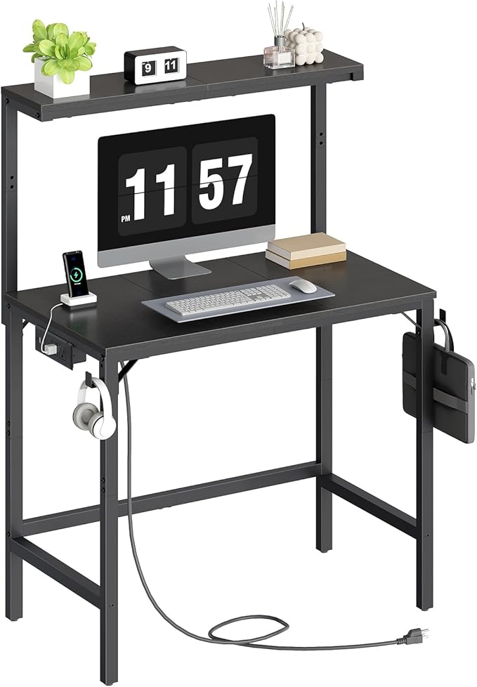 HOOBRO Small Computer Desk, 28.3" Desk for Small Spaces, Home Office Desk with Power Outlet & Adjustable Monitor Stand, Compact Desk with Storage, Writing Table for Bedroom, Office, Black BB38UDN01