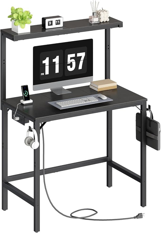 HOOBRO Small Computer Desk, 28.3" Desk for Small Spaces, Home Office Desk with Power Outlet & Adjustable Monitor Stand, Compact Desk with Storage, Writing Table for Bedroom, Office, Black BB38UDN01