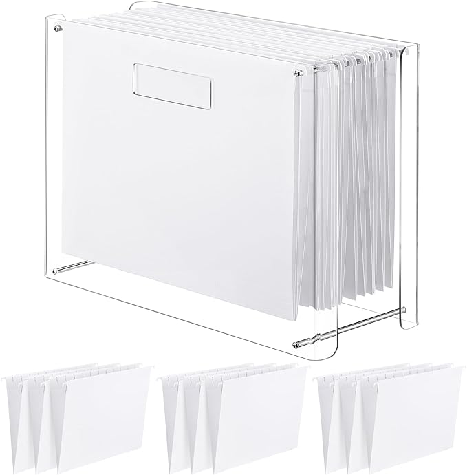 Dispowreath 12 Hanging File Folder with Acrylic Organizer for Desk Clear File Storage Box with Side Handles for Letter/ A4 Size 13.58'' x 5.5'' x 10.43'', Office Home Work Use