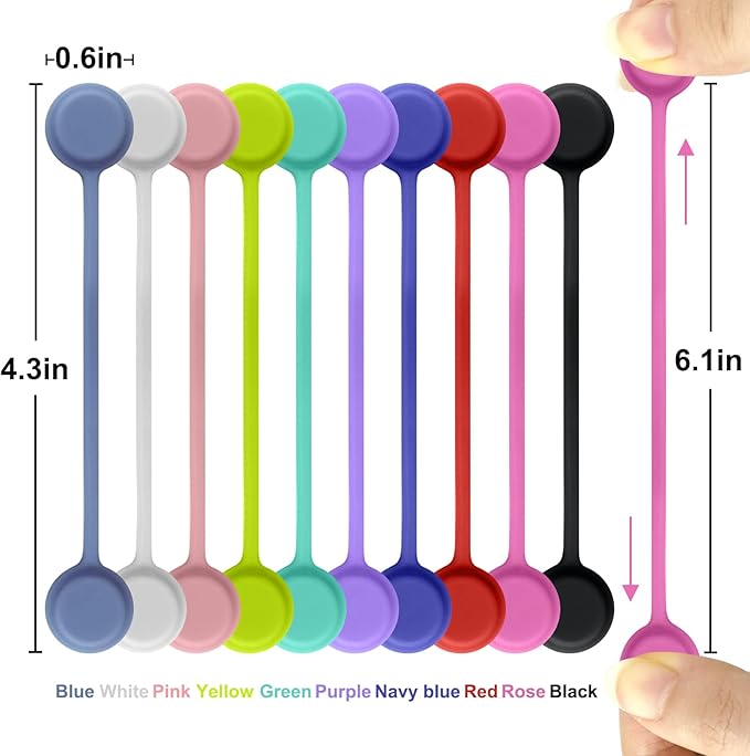 Motiloo Magnetic Cable Ties Silicone Reusable Cord tie for Home Office School Organization (10 Colors-20 Pack)