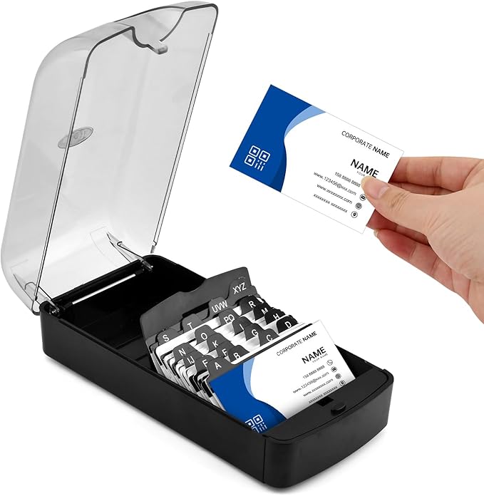 Business Card Holder, 350-Card Capacity Business Card File Plastic Storage Box with Transparent Tilted Lid, Dust-Proof Desktop Organizer for Office Reception(SIZE:M)