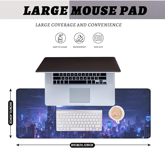 Neon City Gaming Mouse Pad Night Skyline Extended Gaming Mouse Pad Mat with Stitched Edge Non-Slip Base Office Computer Keyboard Laptop 31.5"x11.8"