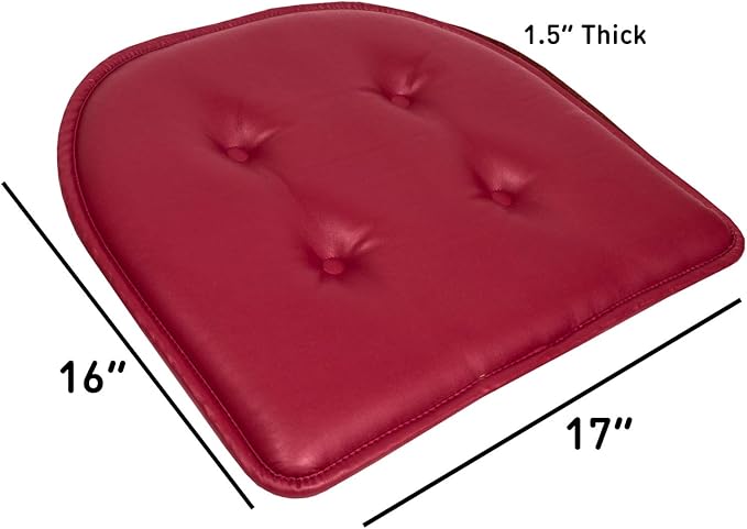 Sweet Home Collection Chair Cushion Memory Foam Pads Tufted Slip Non Skid Rubber Back U-Shaped 17" x 16" Seat Cover, 2 Pack, Faux Leather Burgundy Red, (Pack of 3)