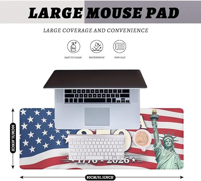 America 250 Mouse Pad Statue of Liberty America Flag Mousepad Extended Large Laptop Keyboard Non-Slip Rubber Base with Stitched Edges for Home Office Computer Keyboard Laptop 31.5x11.8 Inch