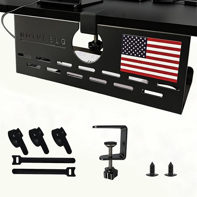 Under-Desk Cable Management Tray No-Drill, 13.7 inch/35 cm Cable Manager with Clamp Mount, Desktop Power Cord Concealment for Office and Computer Desktop Power Cord Management(with Flag 1 Piece Set)