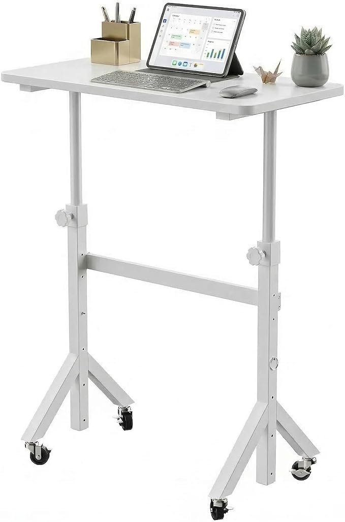 HHUANUO 32'' Small Standing Desk Adjustable Heigh, Mobile Stand Up Desk with Wheels, Portable Rolling Desks for Walking Pad and Treadmill, Computer Laptop Desks for Home Office Space,White