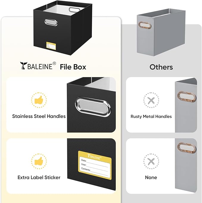 BALEINE File Organizer Box, Cardboard File Folder Organizer with Handle for Letter Size, Portable Collapsible Hanging Filing Box for Home Office Document Storage (4 Pack, Large Black)