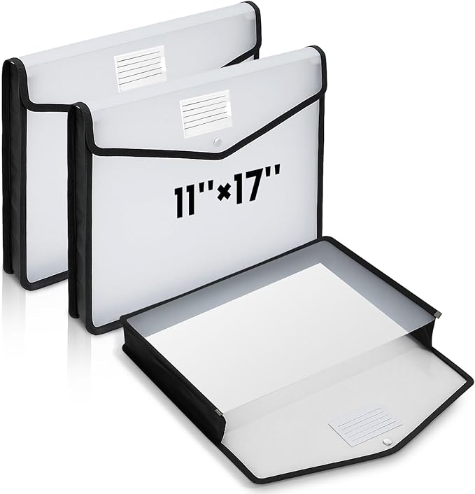 AmazingSpark 3 Pcs 11 x 17 Inch Expandable Tabloid Size Document Folder Organizers with Snap Closure & Label, Clear Plastic Expanding File Folder for A3 Ledger Size Plots Charts (Black)