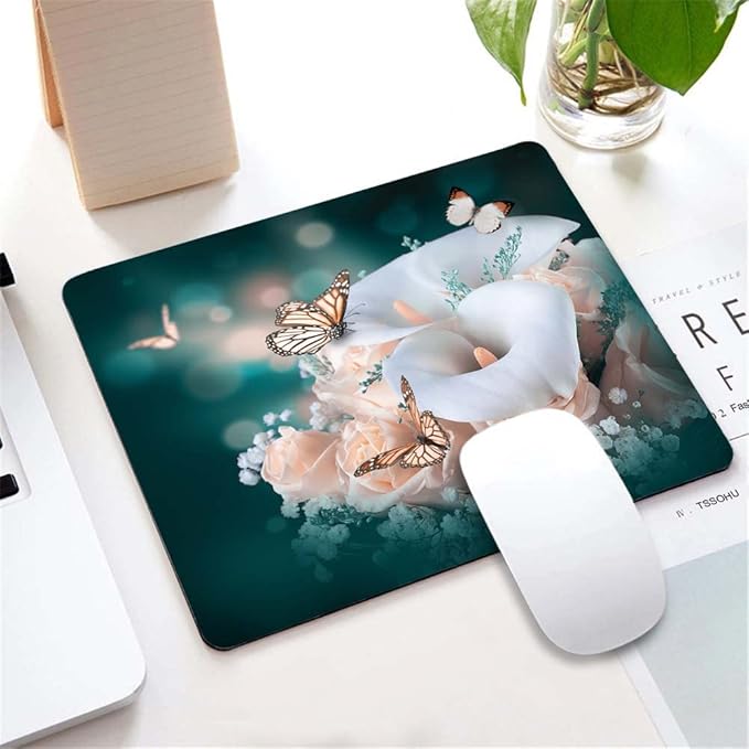 Flower Butterfly Mouse Pad, Calla Lily Pink Rose Customized Premium-Textured Mouse Mat,Washable Mousepads Non-Slip Rubber Base Small Mousepad, 9.5×7.9×0.12 inches