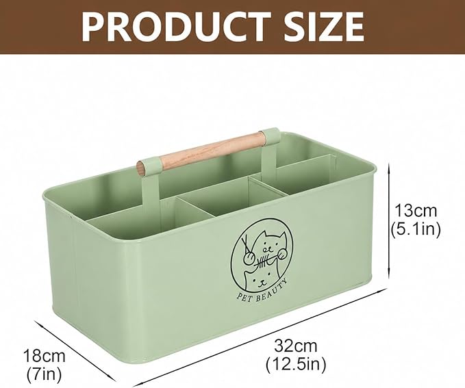 Premium Dog Cat Grooming Supplies Organizer with Wooden Handle,4-Compartment Metal Caddy for Pet Stuff -Powder Coated Dog Storage Bin for Hair remover Brush Nail Clipper Scissors-Green