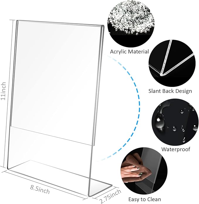 8.5x11 Inches Acrylic Sign Slant Back Holder, Plastic Display Stand,Brochure Holder, Table Top Sign Holder For Office, Home, Store, Restaurant (4pack)