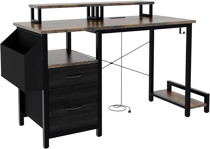 Home Office Desk with Side Pocket and Drawers, Modern Computer Desk for Small Space Bedroom, 47 Inch Gaming Desk with Power Outlet & 2 Movable Monitor Shelves (Rustic Brown)