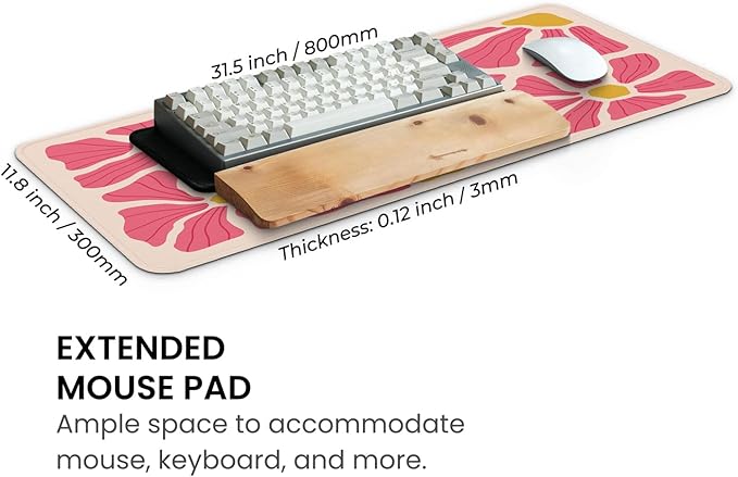 MAY FLOWER Gaming Mouse pad, Large Laptop Mousepad, Full Keyboard Mat, Long Computer Mouse Mat for Home and Office, Anti-Slip Rubber Base, 31.5 x 11.8 Inches (Pink Flower)
