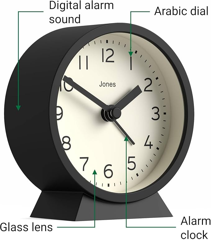 JONES CLOCKS® Midnight mini Alarm Clock | Contemporary Design | Black | Stylish, Compact and Functional for Bedside, Desk or Shelf
