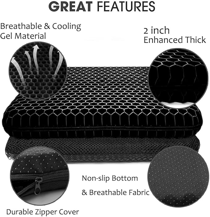 Gel Seat Cushion, Double Thick Breathable Honeycomb Design Absorbs Pressure Points Seat Cushion with Non-Slip Cover Gel Cushion for Office Chair Home Car Seat Cushion for Wheelchair (Black)