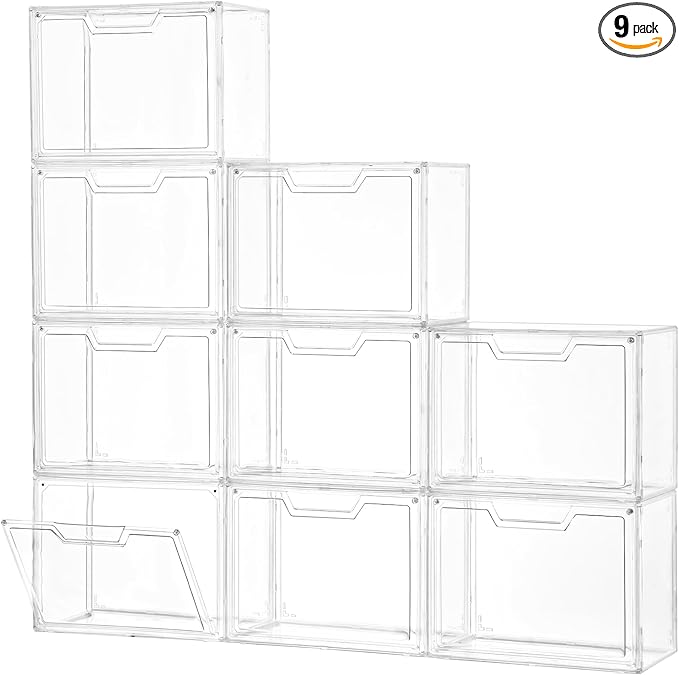 Freebat Stackable Storage Organizers, Clear Acrylic Display Case, 9-Pack Acrylic Boxes with Lids, Clear Storage Containers Storage for Handbags, Collectibles & Figures