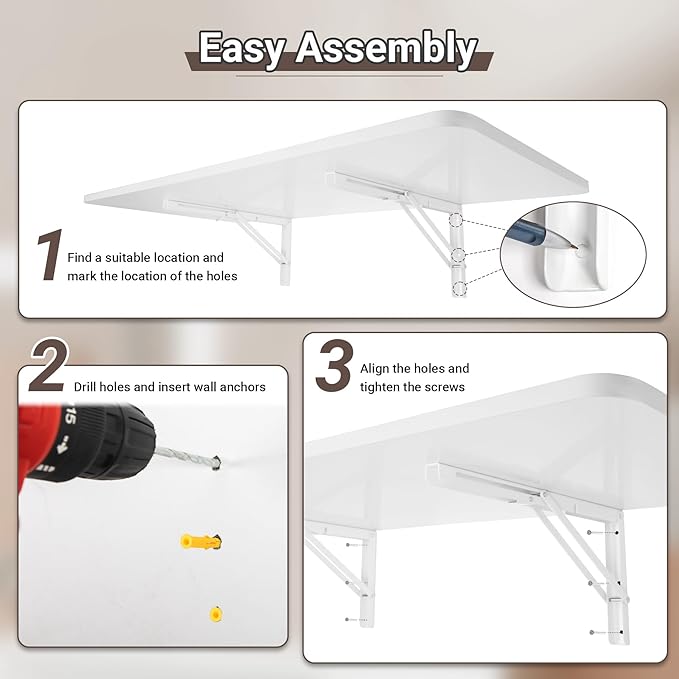 Neoaider Wall Mounted Folding Table 47.2”L x 19.7”W, Laundry Folding Table with Heavy Duty Metal Collapsible Shelf Brackets, Wall Mounted Desk Fold Down for Small Spaces, White