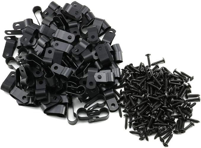 heyous 100pcs 1/3 inch (8.4mm) R-Type Cable Clamp Nylon Wire Hose Tube Fastener Fixed Cable Tie Mount Organizer Holder R Type Cable Clip with Mounting Screw Black