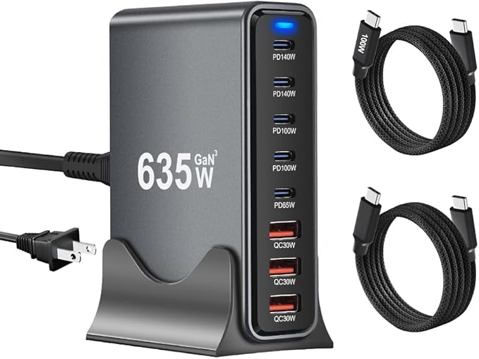 635W GaN Super Fast Charging Station for Multiple Devices, 8-Port USB C Charging Station with PD3.1 140W & QC4.0, 5 USB-C + 3 USB-A Desktop Charger for MacBook, iPhone, iPad, Laptop, Tablet