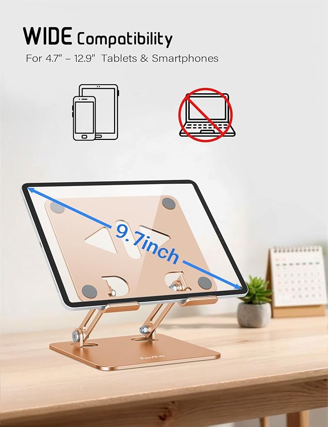 Aoviho Tablet Stand Holder for Desk Adjustable Tablet Holder, Foldable Aluminum Desktop Tablet Holder for iPad Samsung Galaxy Tabs Amazon Kindle Fire,All Tablets 4-12 inch, Gold