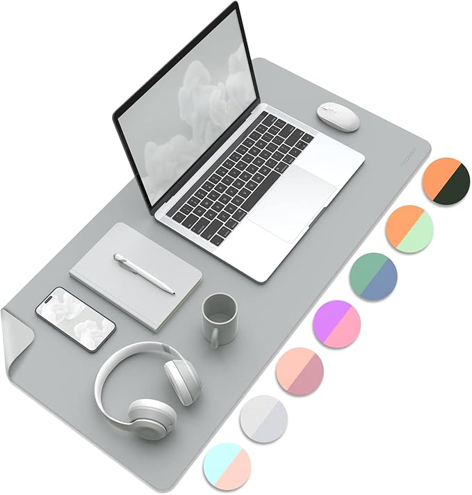 MoKo Desk Mat, Dual-Sided Office Desk Pad Waterproof, Large Protector Mouse Pad for Keyboard and Mouse, Leather Desk Writing Pad Large for Office/Home/Decor, 31.5''x15.7', Light Gray+Silver