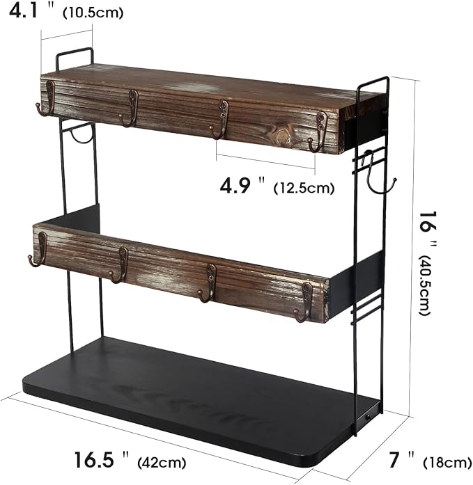 J JACKCUBE DESIGN Rustic Wooden Coffee Mug Holder – Multi-Tier Coffee Cup Holder and Mug Rack with Storage Space – Perfect for Kitchen and Countertop Organization - MK651A