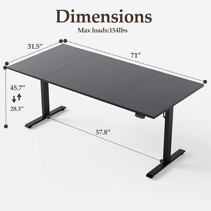 Klicelor 71 Inch Large Electric Standing Desk, Height Adjustable Office Desk, Sit Stand Up Computer Gaming Desk with Memory Preset, Three-Piece Desktop, Black