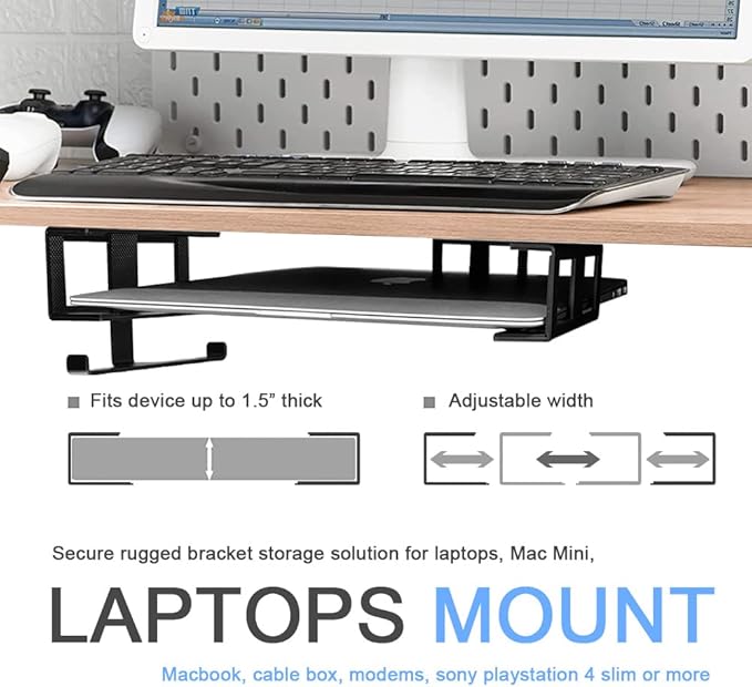 IFCASE Under Desk Laptop Mount & Headphone Holder with Adhesive & Screw, Hard Aluminum Under Table Desk Holder for Laptop, Mac mini, MacBook Pro (Black)