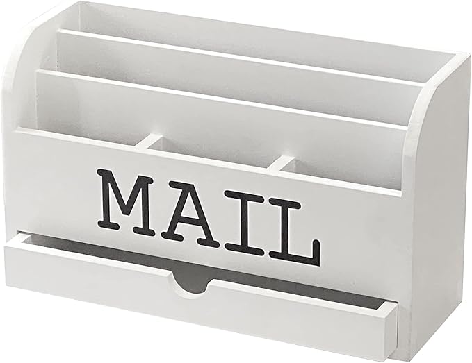 Cregugua White Desk Organizer Wooden Mail Storage box for tabletop office home,5 compartments with Drawer (4x11.8x7 in)