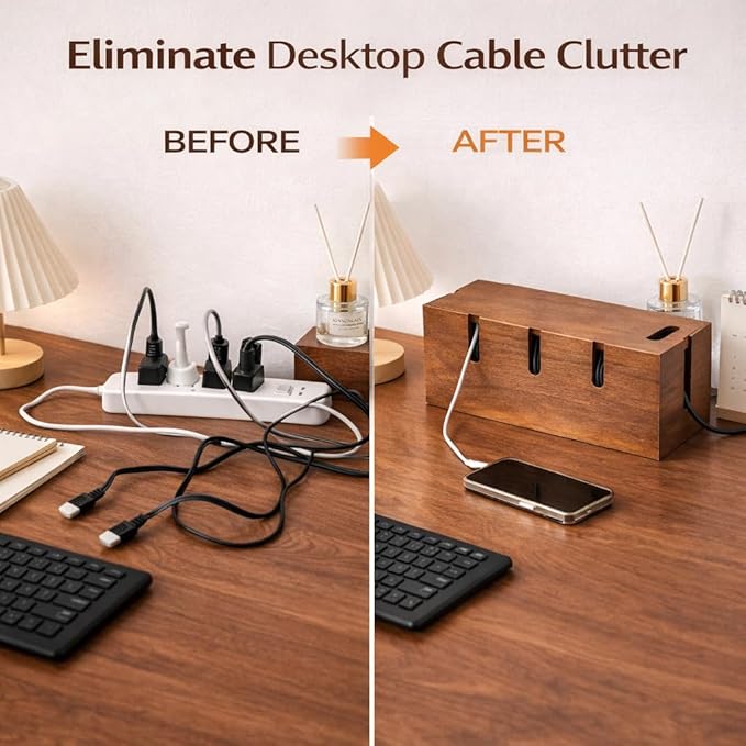 Wood Cable Management Box for Desk & TV – Cable Organizer Box to Hide Cords, Power Strips & Chargers, Decorative Cord Hider, Includes 20 Reusable Cable Ties