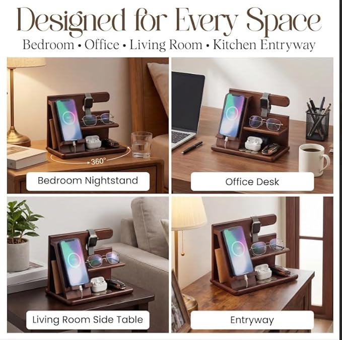 Wood Phone Docking Station for Men - 360° Rotating Nightstand Organizer with Rotating base, Charging Slot, Holds watch, Wallet, Keys, Eyewear - Birthday Gifts for Men & Women, Bedroom or Office Use, Dark Brown