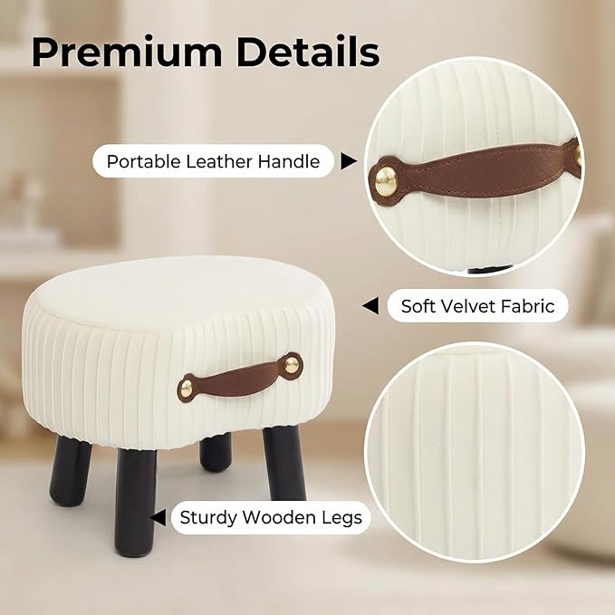Small Footstool with Handle, Velvet Ottoman Foot Rest with Padded Seat, Curved Foot Stool with Wooden Legs, Portable Foot Rest for Living Room, Bedroom, Entryway, White