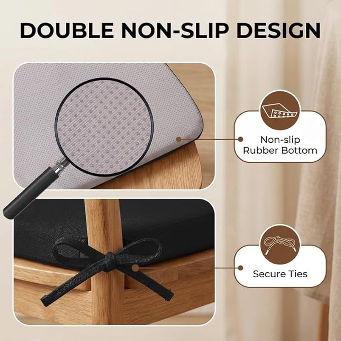 Chair Cushions Set of 4, D-Shaped Seat Cushion for Chair, Non Slip Chair Pads with Ties, 17" x 16" x 2", 40D Foam, Removable Washable Cover, Seat Cushions for Kitchen Chairs, Black