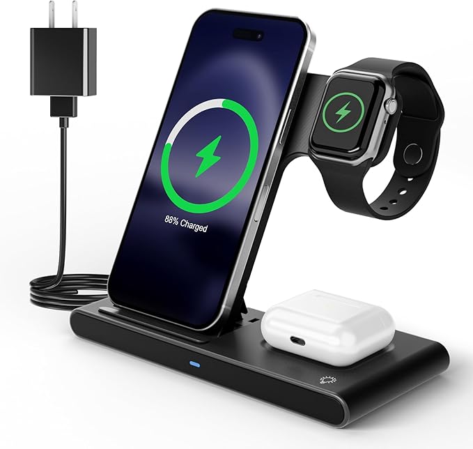 3 in 1 Qi Wireless Charger Dock, Foldable & Compact for iPhone 17-12 Series, Apple Watch & AirPods, Ideal for Desk Use (Black)