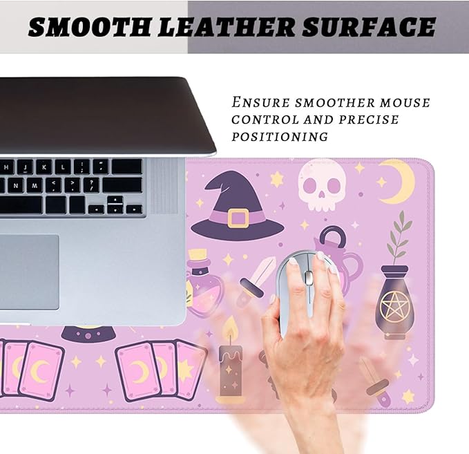 Cute Witch Desk Pad Mouse Pad Purple Cartoon Boho Magic Tarot Large Gaming Mouse Mat with Stitched Edges,Non-Slip Waterproof Rubber Base Mous Mat 31.5"x11.8"