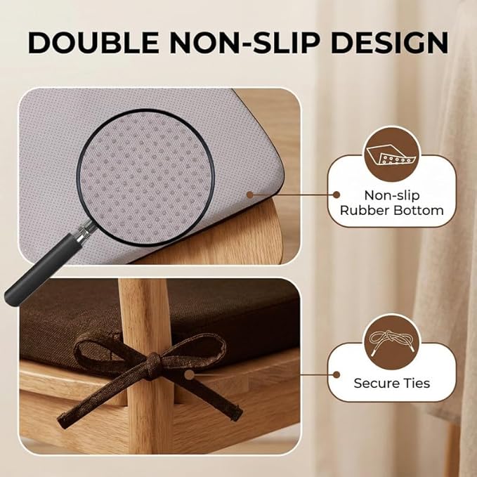 Chair Cushions Set of 4, D-Shaped Seat Cushion for Chair, Non Slip Chair Pads with Ties, 17" x 16" x 2", 40D Foam, Removable Washable Cover, Seat Cushions for Kitchen Chairs, Brown