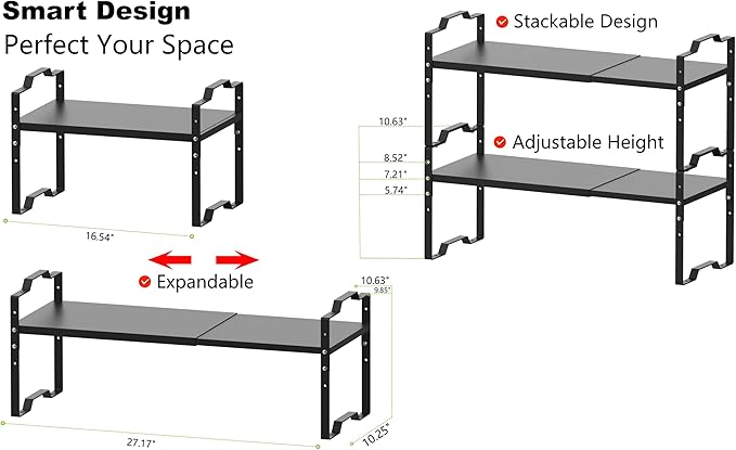 Jojocross Expandable Shelf for Cabinet Organizer Adjustable Stackable Spice Rack at Kitchen and Bathroom More, Counter Countertop Cupboard Organization Pantry Storage(LARGE/2PACKS/BLACK)