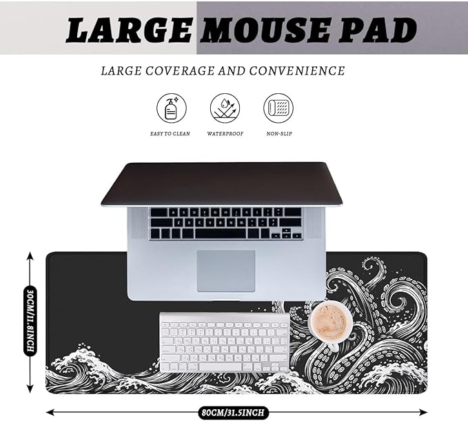 Dark Ocean Gaming Mouse Pad Kraken Wave Art Mousepad XL Large Gaming Mouse Pad Laptop Keyboard Mat Desk Pad Office Computer Keyboard Laptop 31.5"x11.8"