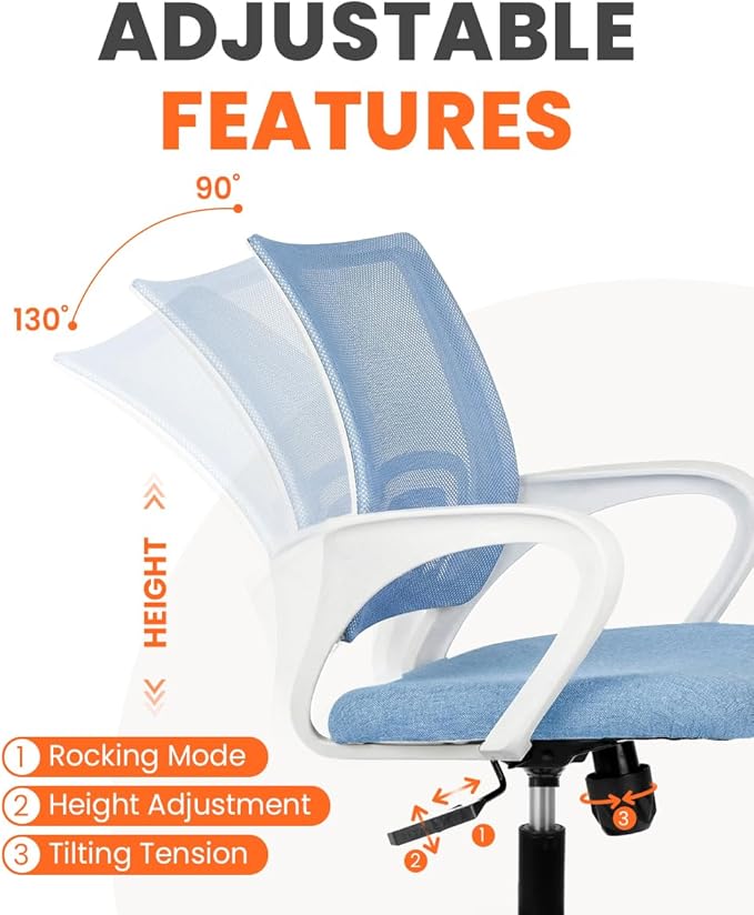 NEO CHAIR Office Desk Computer Chair Ergonomic Mesh Gaming Cushion Seat with Comfy Lumbar Mid Back Support Adjustable Height Swivel Rolling Wheels for Home Task (Sky Blue)