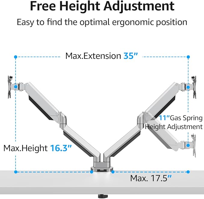 MOUNTUP Dual Monitor Desk Mount, Die-Cast Aluminum Fully Adjustable Double Monitor Arm, Computer Monitor Stand Fits 2 Screen 17 to 32 inch - Each Arm Holds 4.4-19.8LBS