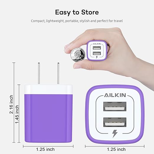 AILKIN USB Wall Charger, Charger Adapter, 2.1Amp Dual Port Quick Charger Plug Cube for iPhone, Samsung Galaxy Double USB A AC Power Adapter US Standard Travel Old Supply Box Charging Block