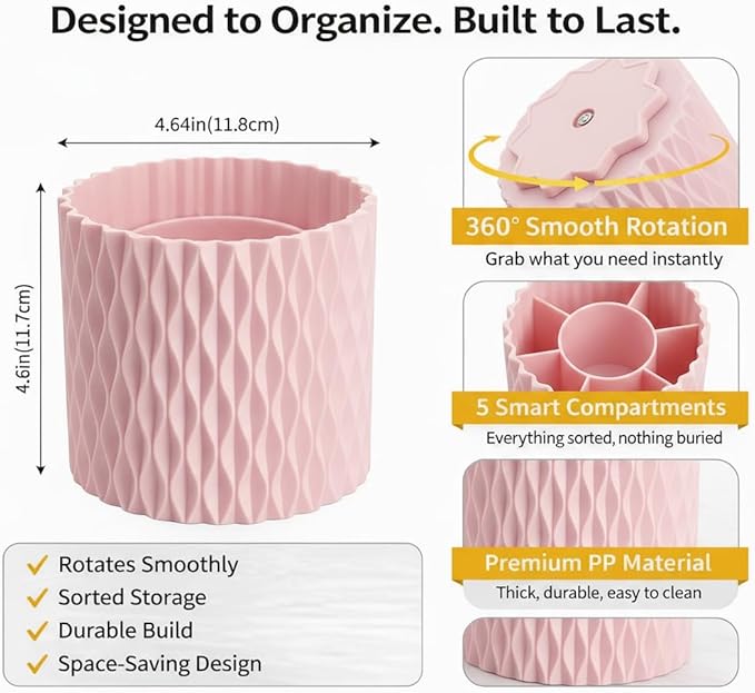 Pink Pen Holder for Desk, 360° Rotating Pencil Holder with 5 Slots - Spinning Desk Organizer & Pencil Cup for Art Supply, Office Pen Organizer for Home, School, Desk Accessories