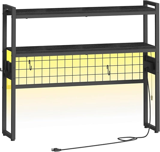 HOOBRO Desktop Bookcase, 37.4" Large Desk Shelf, 2-Tier Desktop Organizer, Wooden Office Storage Rack with Outlets, Display Shelf Rack with Light Strip, Desk Hutch for Office, Black BB13UDSJ01