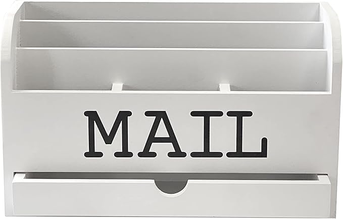 Cregugua White Desk Organizer Wooden Mail Storage box for tabletop office home,5 compartments with Drawer (4x11.8x7 in)