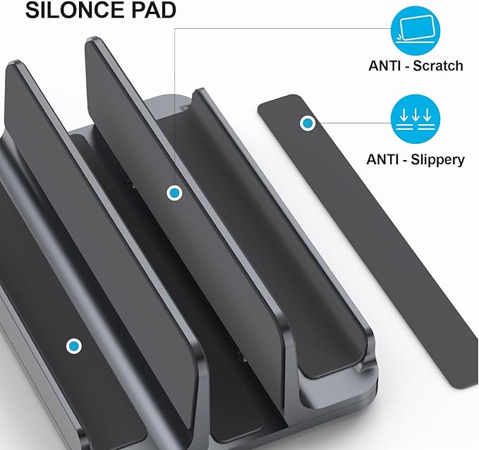 YICOSUN 3-Slot Aluminum Vertical Laptop Stand for Desk - Adjustable Width Dock for MacBook, Surface, Samsung, HP, Dell up to 17.3 inches - Space-Saving & Protective Design - Gray