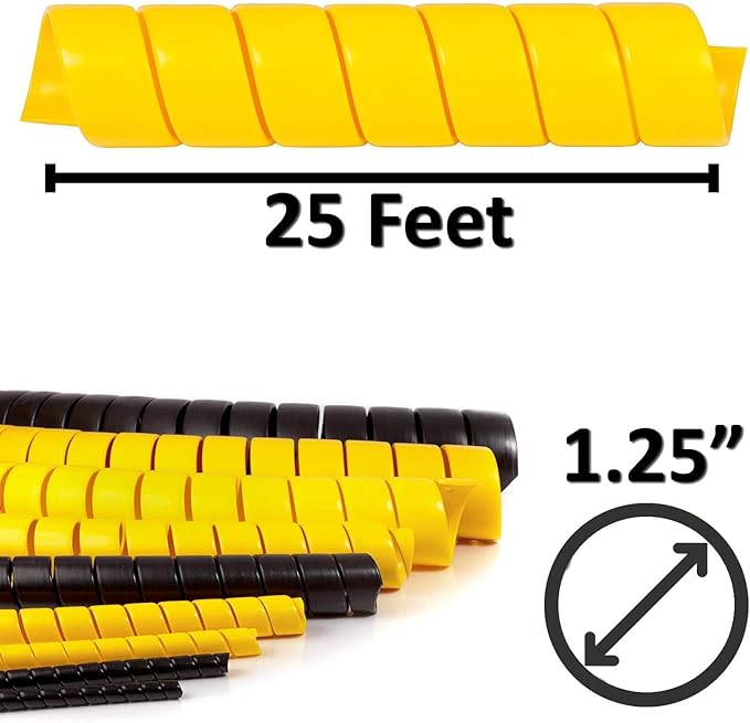 Electriduct 1.25 Inch Heavy Duty Spiral Wrap HDPE Flexible Plastic Cable Sleeve Hose Protector 25 Feet - Yellow