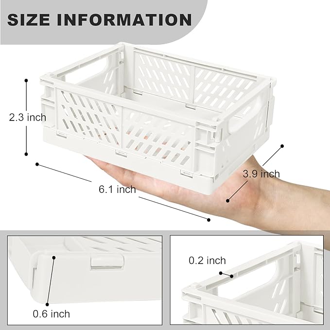 Mini Pastel Plastic Storage Bins 2Pcs Foldable Pastel Crates Plastic Basket Colorful Storage Containers Baskets for Classroom Kitchen Office Bedroom Desktop Home Decor (White 5.8" x 3.8" x 2.2")