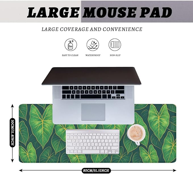 Botanical Leaves Desk Pad Mouse Pad Modern Tropical Green Large Gaming Mouse Mat with Stitched Edges,Non-Slip Waterproof Rubber Base Mous Mat 31.5"x11.8"