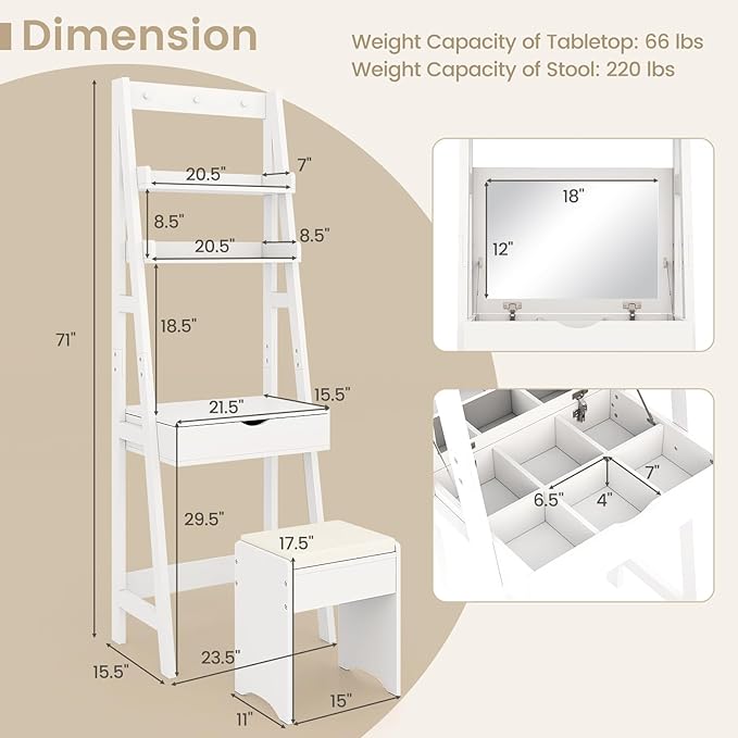 CHARMAID Small Vanity Desk with Mirror, Ladder Makeup Vanity Table with Flip top Mirror, Open Shelves, Hidden Storage Compartments, Compact White Bedroom Dressing Table with Stool for Small Space