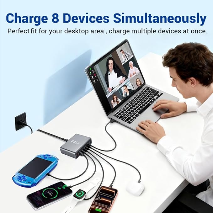 635W GaN Super Fast Charging Station for Multiple Devices, 8-Port USB C Charging Station with PD3.1 140W & QC4.0, 5 USB-C + 3 USB-A Desktop Charger for MacBook, iPhone, iPad, Laptop, Tablet